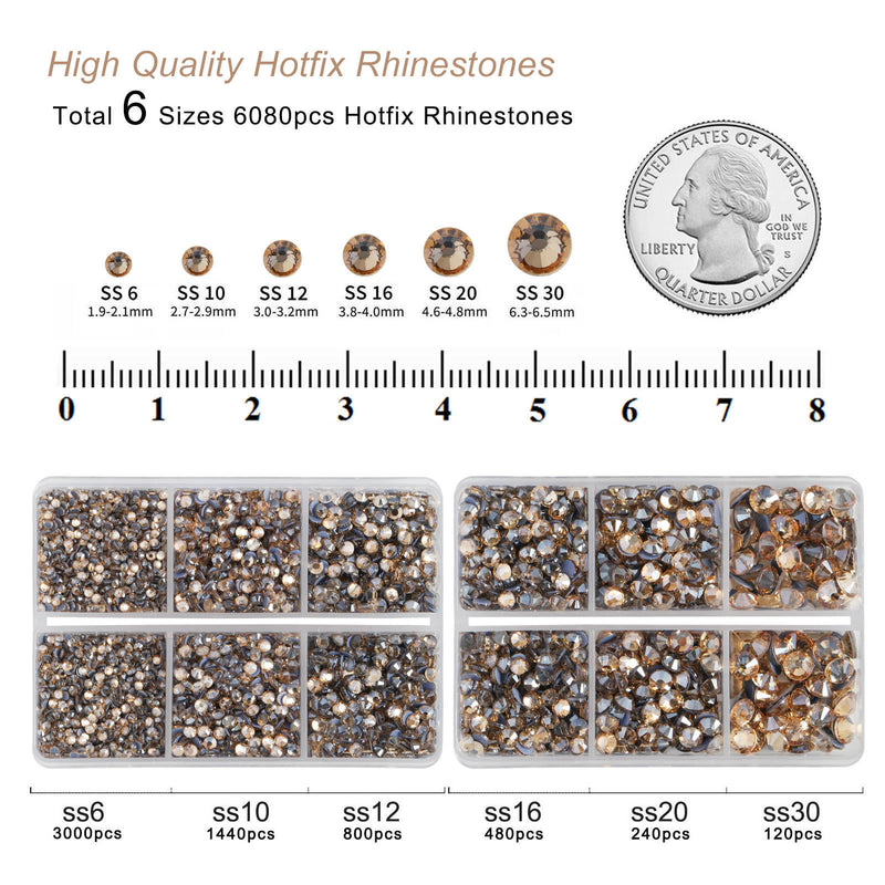 BEADSLAND Hotfix Rhinestones, 6080PCS Golden Rhinestones for Clothes Crafts Mixed 6 Sizes with Wax Pencil and Tweezers Kit - Golden Shadow