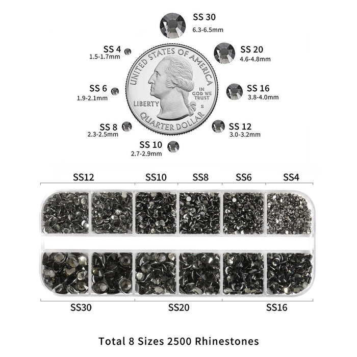 Beadsland Rhinestones for Makeup,8 sizes 2500pcs Flatback Rhinestones Face Gems for Nails Crafts with Tweezers and Wax Pencil- Black Diamond