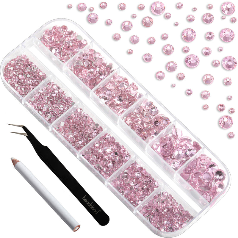 Beadsland Rhinestones for Makeup,8 sizes 2500pcs Flatback Rhinestones Face Gems for Nails Crafts with Tweezers and Wax Pencil- Light Pink