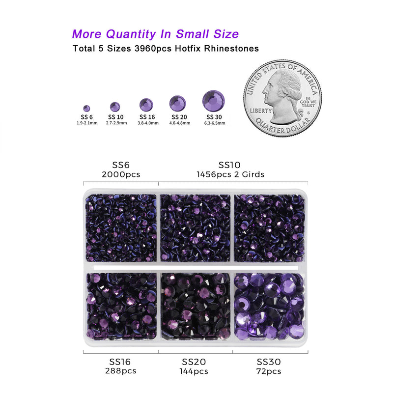 Hotfix Rhinestones 3960pcs, Rhinestone for Clothes, Hot Fix Crystals Rhinestones with Tweezers and Wax Pencil Kit,Mixed 5 Sizes, SS6-SS30, Tanzanite