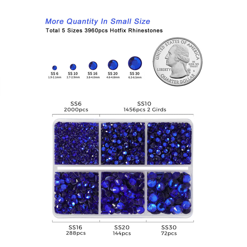 Hotfix Rhinestones 3960pcs, Rhinestone for Clothes, Hot Fix Crystals Rhinestones with Tweezers and Wax Pencil Kit,Mixed 5 Sizes, SS6-SS30, Sapphire