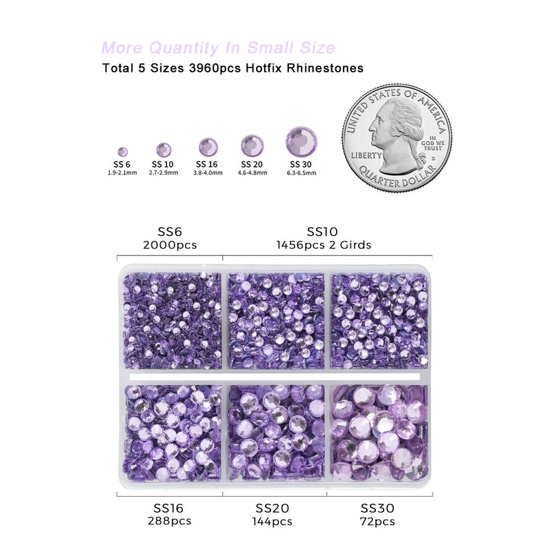 Hotfix Rhinestones 3960pcs, Rhinestone for Clothes, Hot Fix Crystals Rhinestones with Tweezers and Wax Pencil Kit,Mixed 5 Sizes, SS6-SS30, Violet