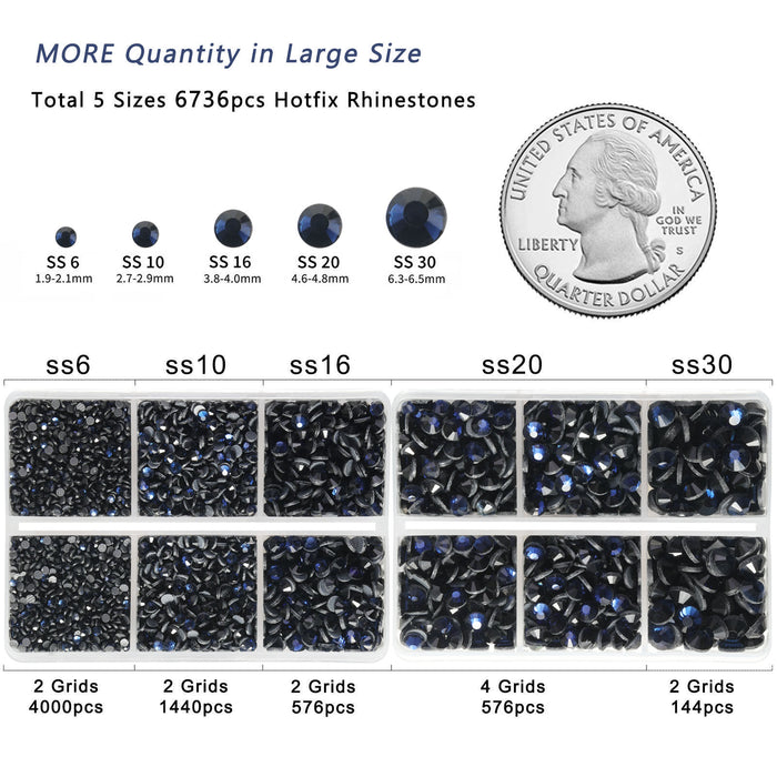 6736pcs Hotfix Rhinestones for Crafts Clothes Mixed 5 Sizes, Hotfix Crystals with Tweezers and Wax Pencil Kit, SS6-SS30-Montana
