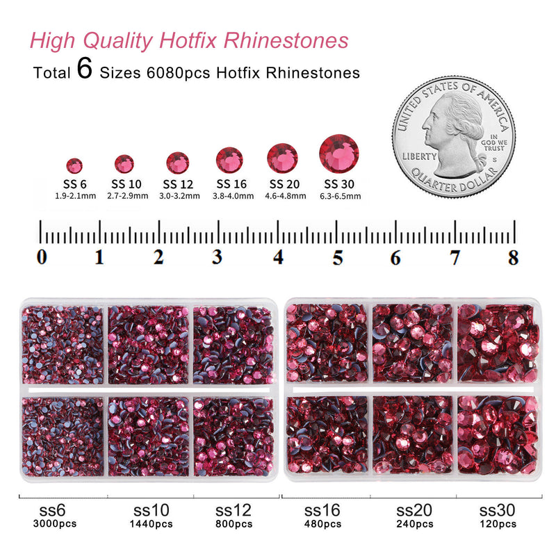 BEADSLAND Hotfix Rhinestones, 6080PCS Rose Rhinestones for Clothes Crafts Mixed 6 Sizes with Wax Pencil and Tweezers Kit - Rose