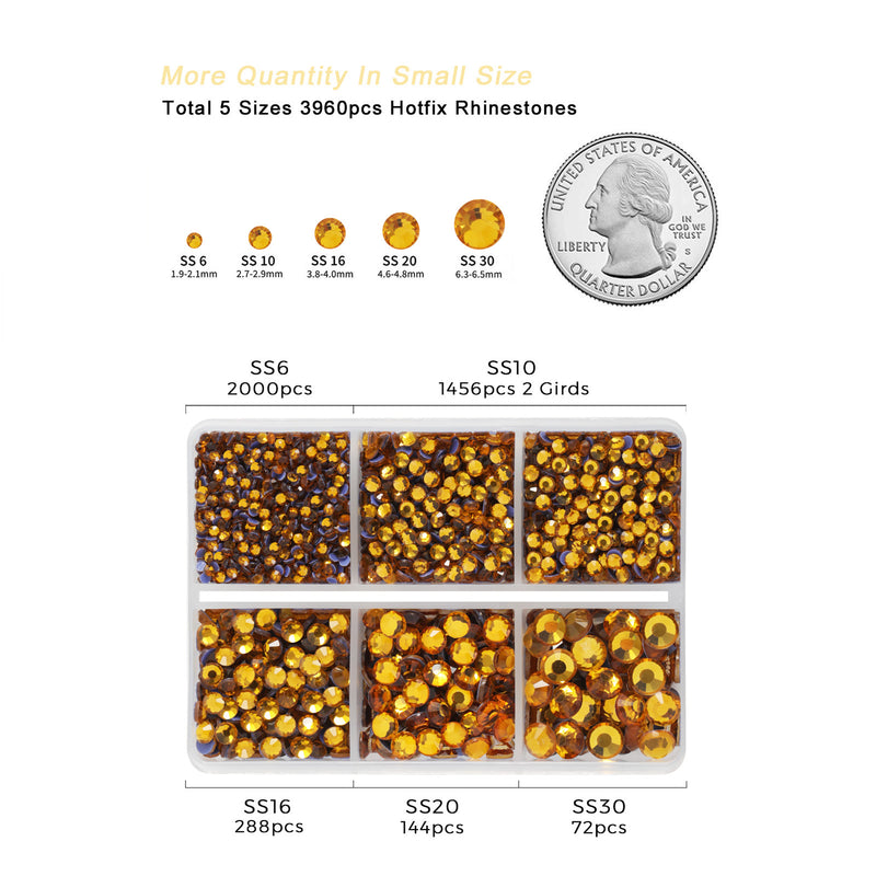 Hotfix Rhinestones 3960pcs, Rhinestone for Clothes, Hot Fix Crystals Rhinestones with Tweezers and Wax Pencil Kit,Mixed 5 Sizes, SS6-SS30, Topaz