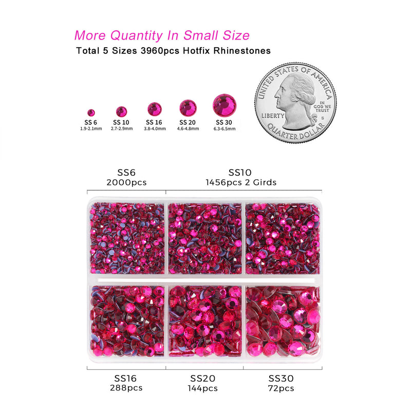 Hotfix Rhinestones 3960pcs, Rhinestone for Clothes, Hot Fix Crystals Rhinestones with Tweezers and Wax Pencil Kit,Mixed 5 Sizes, SS6-SS30, Hot Pink
