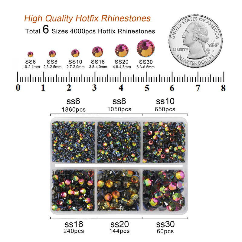BEADSLAND Hotfix Rhinestones, 4000 PCS Rainbow Rhinestones for Clothes Crafts Mixed 6 Sizes with Wax Pencil and Tweezers Kit, SS6-SS30, Rainbow