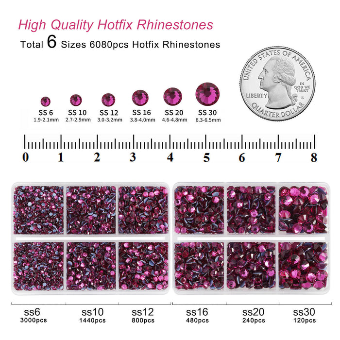 BEADSLAND Hotfix Rhinestones, 6080PCS Hot Pink Rhinestones for Clothes Crafts Mixed 6 Sizes with Wax Pencil and Tweezers Kit - Fuchsia