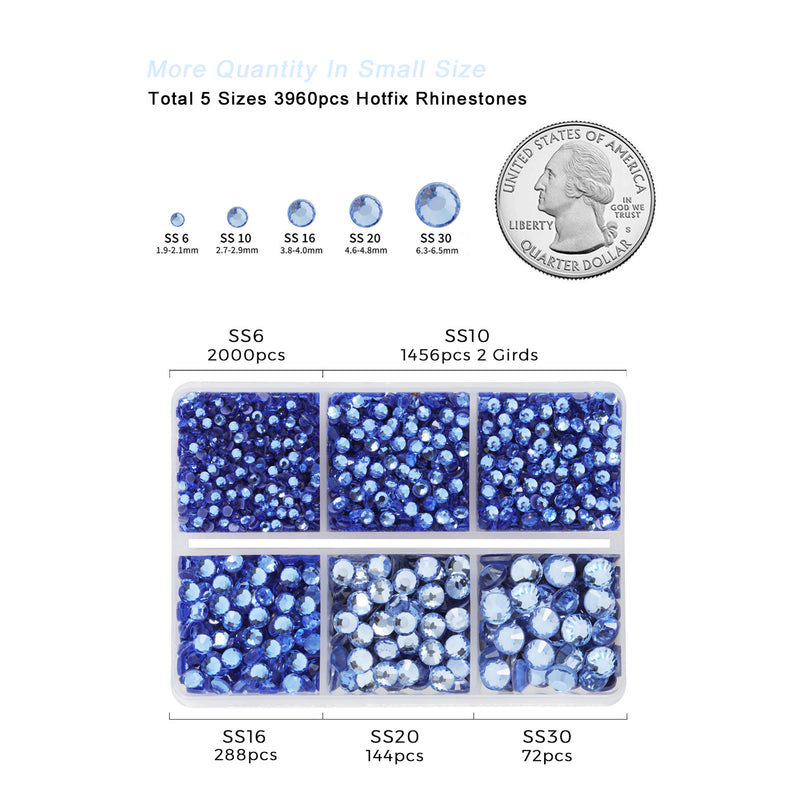 Hotfix Rhinestones 3960pcs, Rhinestone for Clothes, Hot Fix Crystals Rhinestones with Tweezers and Wax Pencil Kit,Mixed 5 Sizes, SS6-SS30, Light Sapphire