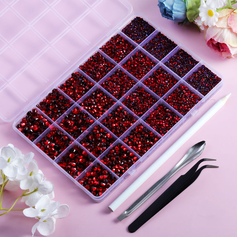 Red Hotfix Rhinestones Multi Sizes Kit, 14400 pcs Heat Fix Rhinestone for Bedazzling Clothes Crafts Mixed 5 Sizes with Wax Pencil,Tweezers and Spoon, SS6-SS30, Siam