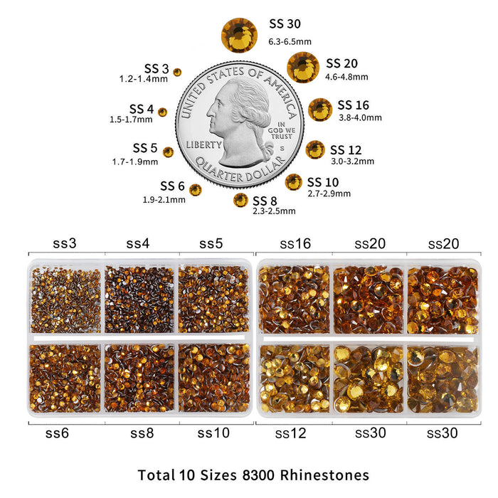 Beadsland 8300PCS Flatback Rhinestones, Nail Gems Round Crystal Rhinestones for Crafts, Mixed 10 Sizes with Wax Pencil and Tweezer Kit, SS3-SS30-Topaz