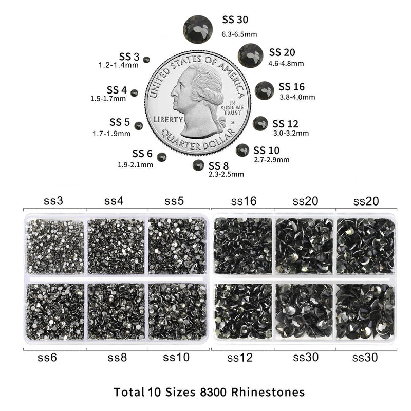 Beadsland 8300 piezas de diamantes de imitación con reverso plano, gemas para uñas, diamantes de imitación de cristal redondos para manualidades, 10 tamaños mezclados con lápiz de cera y kit de pinzas, SS3-SS30-Black Diamond