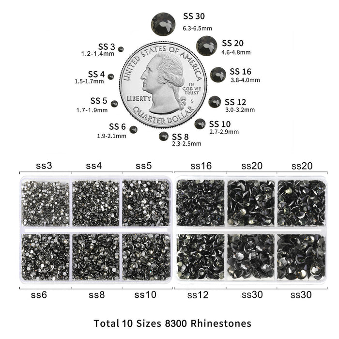 Beadsland 8300 Stück Strasssteine ​​mit flacher Rückseite, Nagelsteine, runde Kristall-Strasssteine ​​zum Basteln, gemischt in 10 Größen mit Wachsstift und Pinzetten-Set, SS3-SS30-Schwarzer Diamant