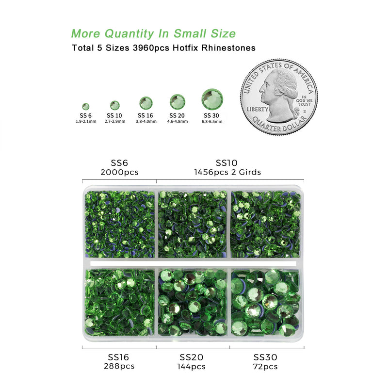 Hotfix Rhinestones 3960pcs, Rhinestone for Clothes, Hot Fix Crystals Rhinestones with Tweezers and Wax Pencil Kit,Mixed 5 Sizes, SS6-SS30, Light Green
