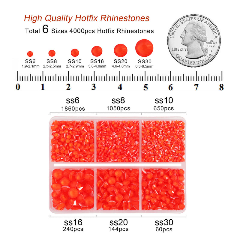 BEADSLAND Hotfix Rhinestones, 4000 PCS Neon Orange Rhinestones for Clothes Crafts Mixed 6 Sizes with Wax Pencil and Tweezers Kit, SS6-SS30, Neon Orange
