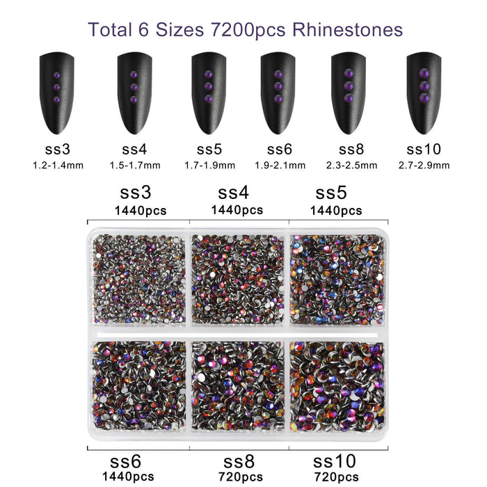 Beadsland 7200 piezas de diamantes de imitación con reverso plano, gemas para uñas, diamantes de imitación de cristal redondos para manualidades, mezcla de 6 tamaños con kit de lápiz de cera, SS3-SS10 -Bluevolcano