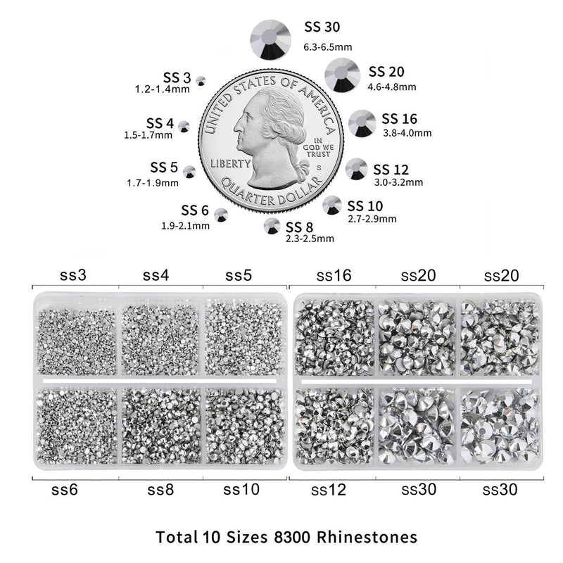 Beadsland 8300PCS Flatback Rhinestones, Nail Gems Round Crystal Rhinestones for Crafts, Mixed 10 Sizes with Wax Pencil and Tweezer Kit, SS3-SS30-Silver Hematite