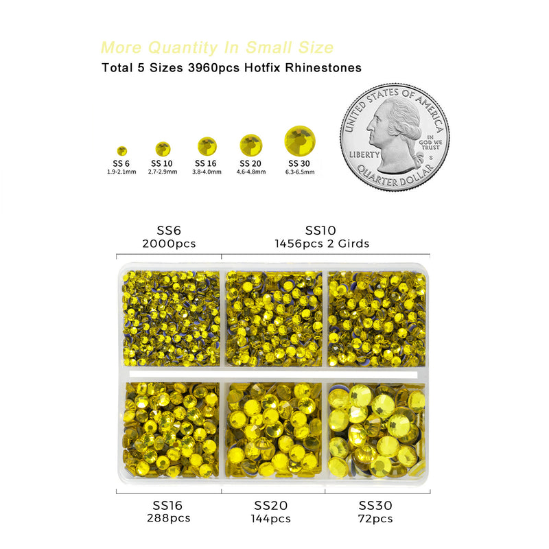 Hotfix Rhinestones 3960pcs, Rhinestone for Clothes, Hot Fix Crystals Rhinestones with Tweezers and Wax Pencil Kit,Mixed 5 Sizes, SS6-SS30, Lemon Yellow