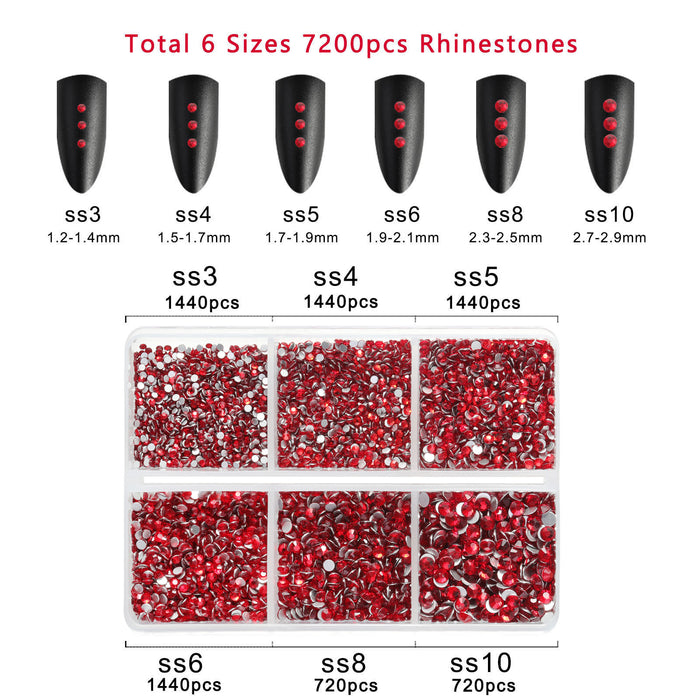 Beadsland 7200 Stück Strasssteine ​​mit flacher Rückseite, Nagelsteine, runde Kristall-Strasssteine ​​zum Basteln, gemischt in 6 Größen mit Wachsstift-Set, SS3-SS10-Siam