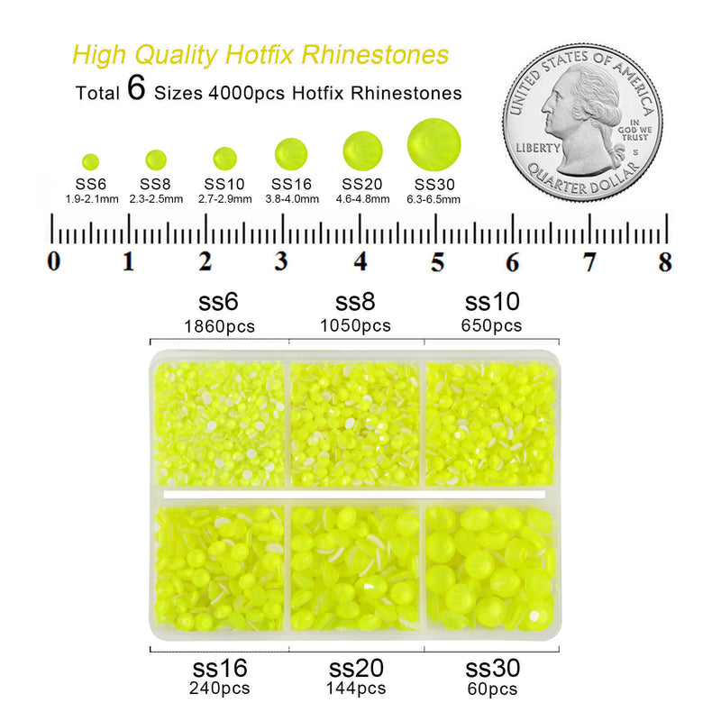 BEADSLAND Hotfix Rhinestones, 4000 PCS Neon Yellow Rhinestones for Clothes Crafts Mixed 6 Sizes with Wax Pencil and Tweezers Kit, SS6-SS30, Neon Yellow