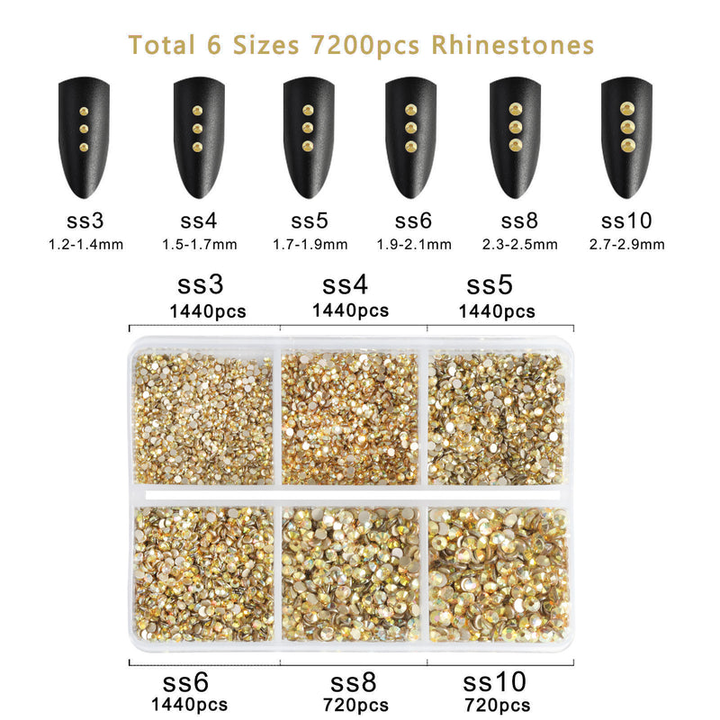 Beadsland 7200pcs Flatback Rhinestones,Nail Gems Round Crystal Rhinestones for Crafts,Mixed 6 Sizes with Wax Pencil Kit, SS3-SS10-Metal Sunlight