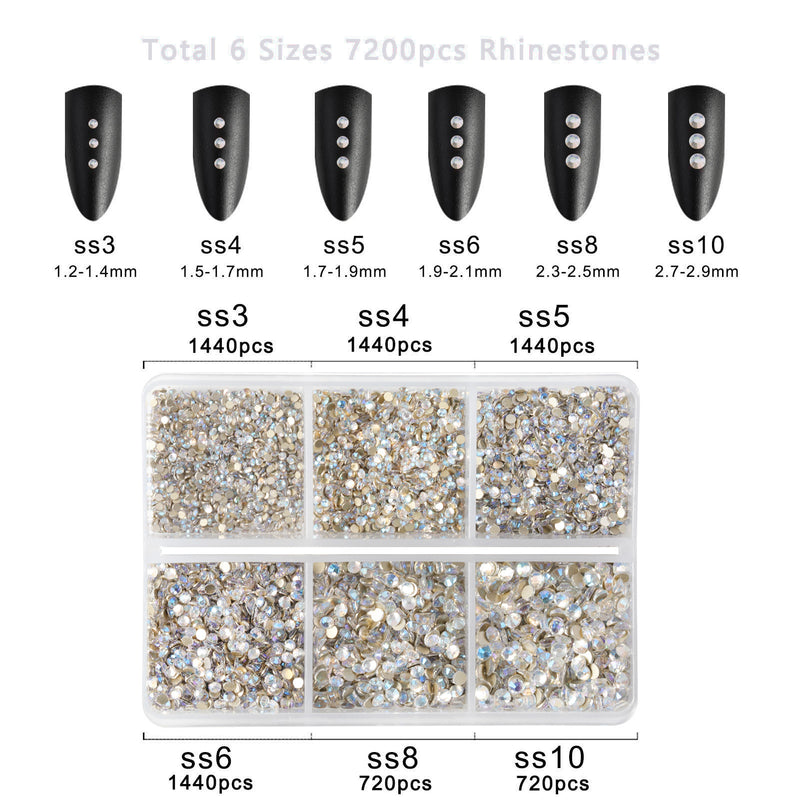 Beadsland 7200pcs Flatback Rhinestones,Nail Gems Round Crystal Rhinestones for Crafts,Mixed 6 Sizes with Wax Pencil Kit, SS3-SS10 - Blue Moonlight
