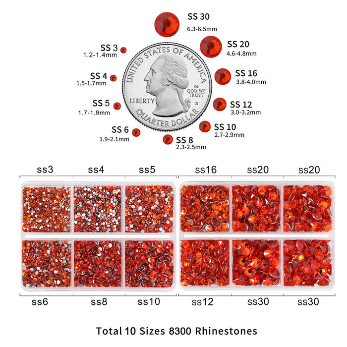Beadsland 8300PCS Flatback Rhinestones, Nail Gems Round Crystal Rhinestones for Crafts, Mixed 10 Sizes with Wax Pencil and Tweezer Kit, SS3-SS30-Hyacinth/Orange