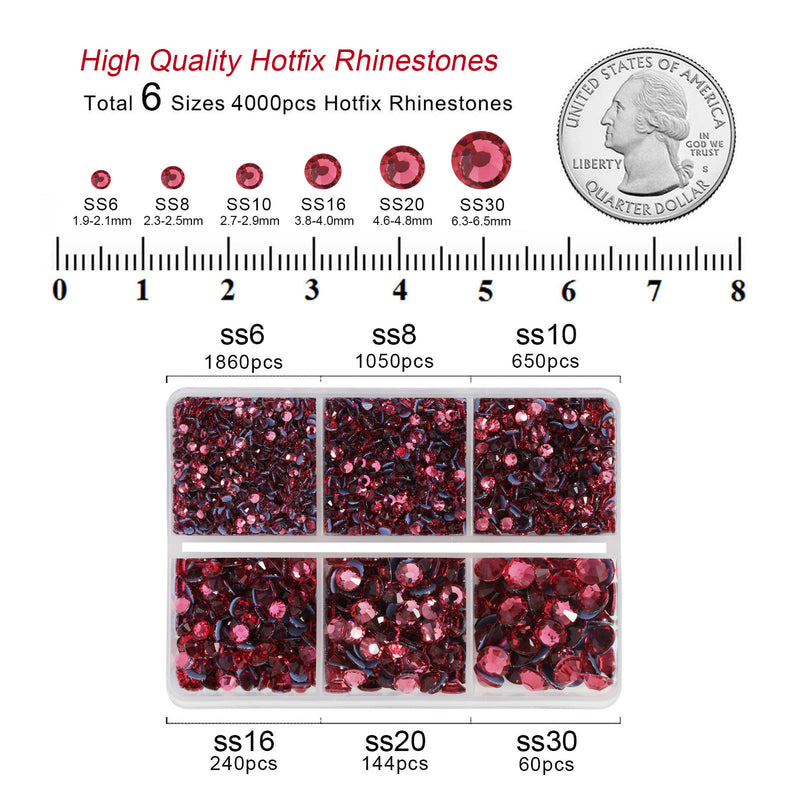 BEADSLAND Hotfix Rhinestones, 4000 PCS Rose Rhinestones for Clothes Crafts Mixed 6 Sizes with Wax Pencil and Tweezers Kit, SS6-SS30, Rose