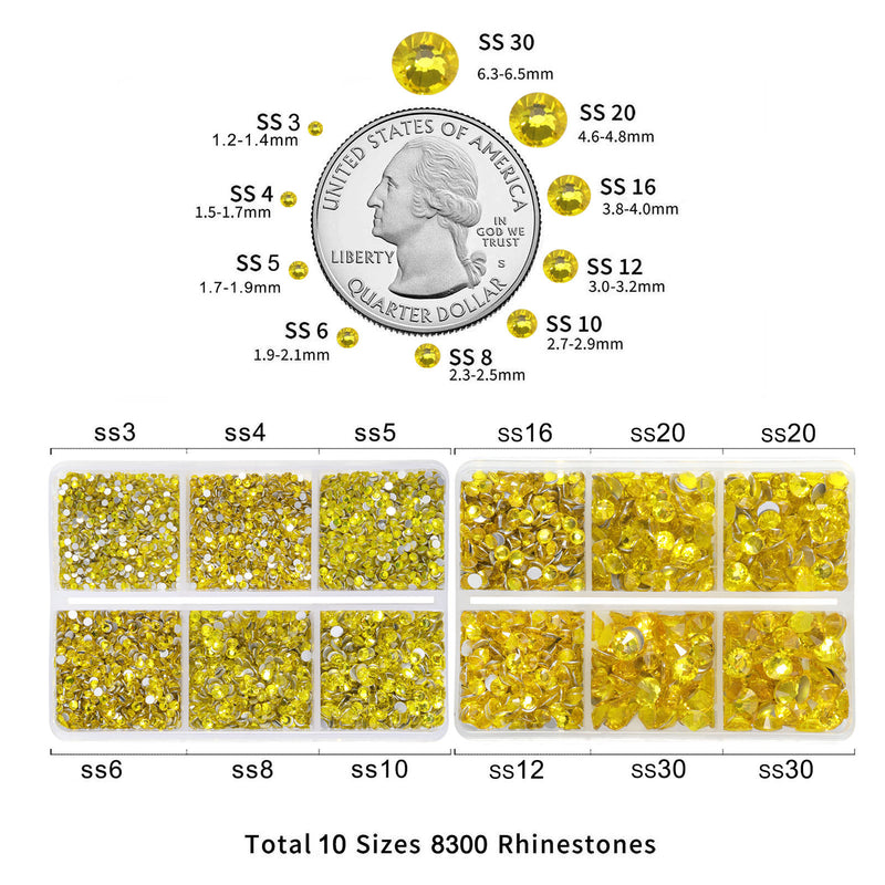 Beadsland 8300PCS Flatback Rhinestones, Nail Gems Round Crystal Rhinestones for Crafts, Mixed 10 Sizes with Wax Pencil and Tweezer Kit, SS3-SS30-Citrine/Lemon Yellow