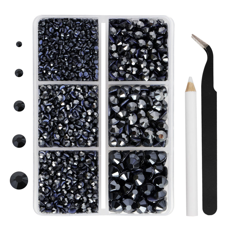Hotfix Rhinestones 3960pcs, Rhinestone for Clothes, Hot Fix Crystals Rhinestones with Tweezers and Wax Pencil Kit,Mixed 5 Sizes, SS6-SS30, Jet Hematite