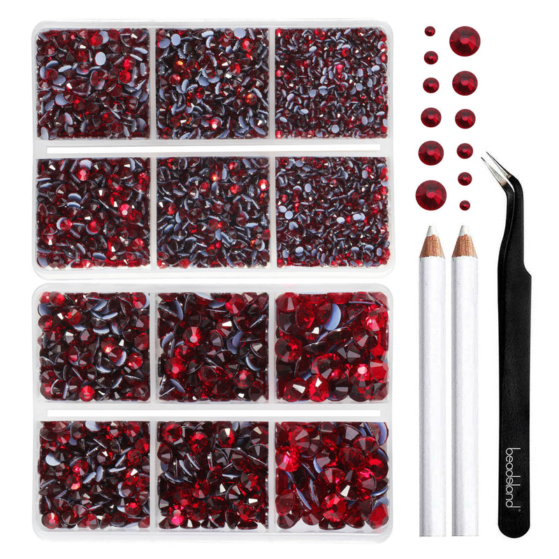 BEADSLAND Hotfix Rhinestones, 6080PCS Dark Red Rhinestones for Clothes Crafts Mixed 6 Sizes with Wax Pencil and Tweezers Kit - Dark Siam