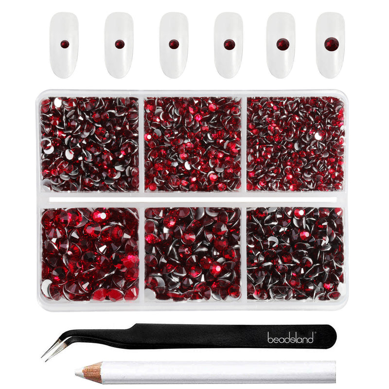 Beadsland 4300pcs Flatback Rhinestones,  Nail Gems Round Crystal Rhinestones for Crafts,Mixed 6 Sizes with Picking Tweezers and Wax Pencil Kit- Dark Siam