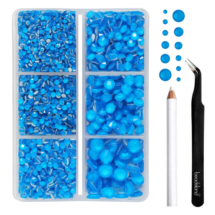 BEADSLAND Hotfix Rhinestones, 4000 PCS Neon Blue Rhinestones for Clothes Crafts Mixed 6 Sizes with Wax Pencil and Tweezers Kit, SS6-SS30, Neon Blue