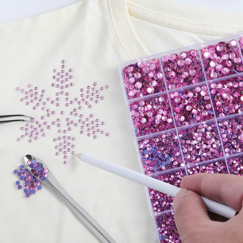 Pink Hotfix Rhinestones Multi Sizes Kit, 14400 pcs Heat Fix Rhinestone for Bedazzling Clothes Crafts Mixed 5 Sizes with Wax Pencil, Tweezers and Spoon, SS6-SS30, Dark Pink