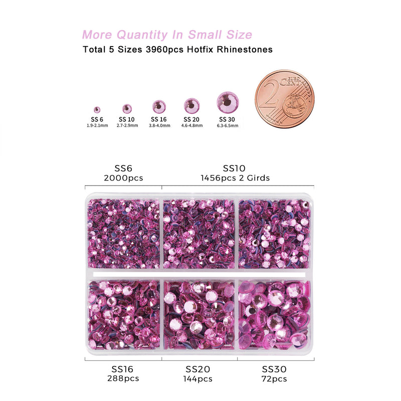 Hotfix Rhinestones 3960pcs, Rhinestone for Clothes, Hot Fix Crystals Rhinestones with Tweezers and Wax Pencil Kit,Mixed 5 Sizes, SS6-SS30, Dark Pink