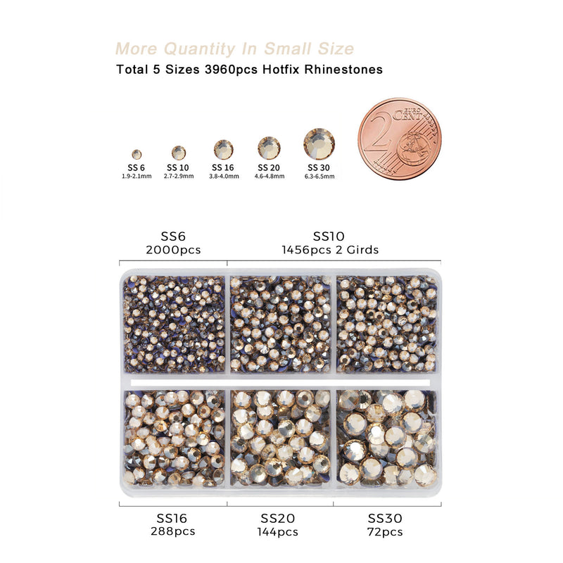 Hotfix Rhinestones 3960pcs, Rhinestone for Clothes, Hot Fix Crystals Rhinestones with Tweezers and Wax Pencil Kit,Mixed 5 Sizes, SS6-SS30, Golden Shadow