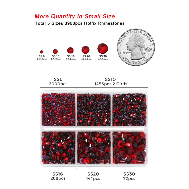 Hotfix Rhinestones 3960pcs, Rhinestone for Clothes, Hot Fix Crystals Rhinestones with Tweezers and Wax Pencil Kit,Mixed 5 Sizes, SS6-SS30, Siam