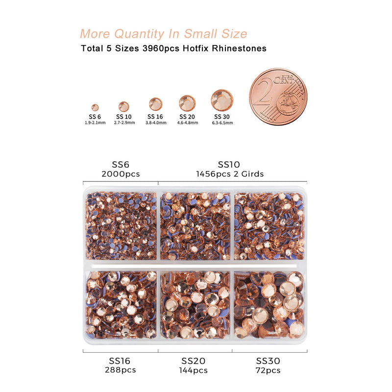 Hotfix Rhinestones 3960pcs, Rhinestone for Clothes, Hot Fix Crystals Rhinestones with Tweezers and Wax Pencil Kit,Mixed 5 Sizes, SS6-SS30, Champagne