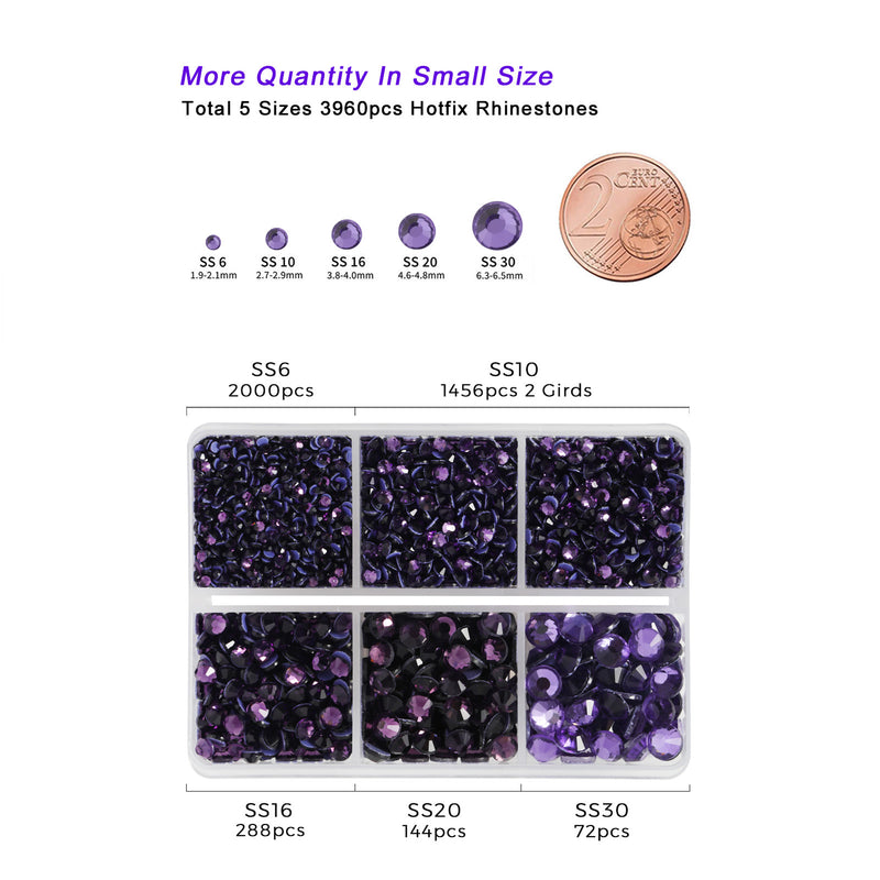 Hotfix Rhinestones 3960pcs, Rhinestone for Clothes, Hot Fix Crystals Rhinestones with Tweezers and Wax Pencil Kit,Mixed 5 Sizes, SS6-SS30, Tanzanite