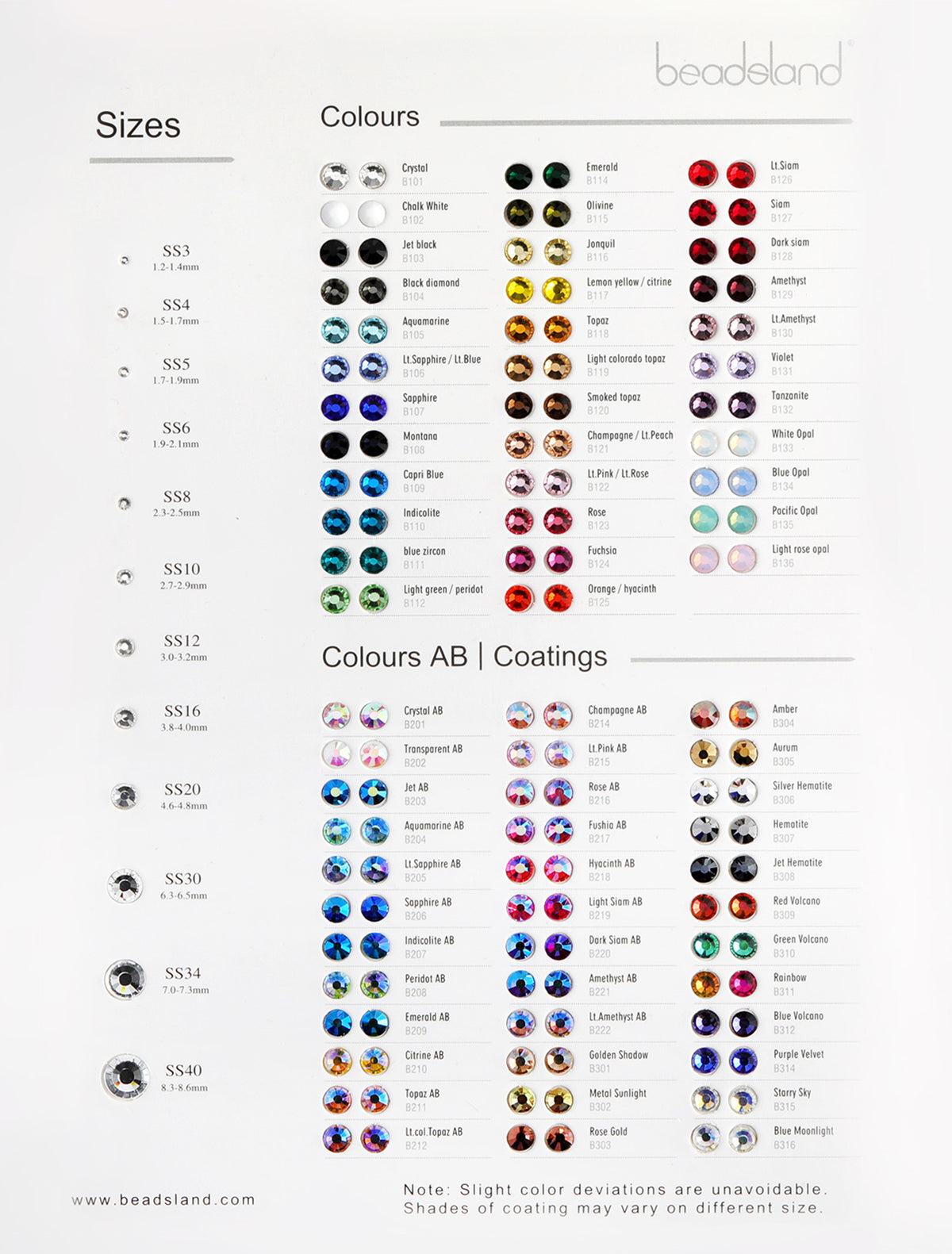 Beadsland Flat Back Rhinestones Sample Card Color Chart