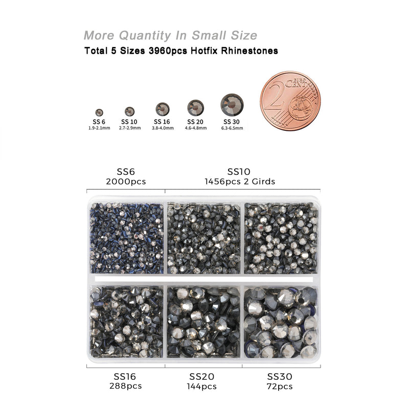Hotfix Rhinestones 3960pcs, Rhinestone for Clothes, Hot Fix Crystals Rhinestones with Tweezers and Wax Pencil Kit,Mixed 5 Sizes, SS6-SS30, Black Diamond