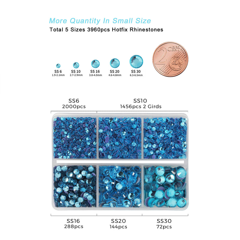 Hotfix Rhinestones 3960pcs, Rhinestone for Clothes, Hot Fix Crystals Rhinestones with Tweezers and Wax Pencil Kit,Mixed 5 Sizes, SS6-SS30, Aquamarine