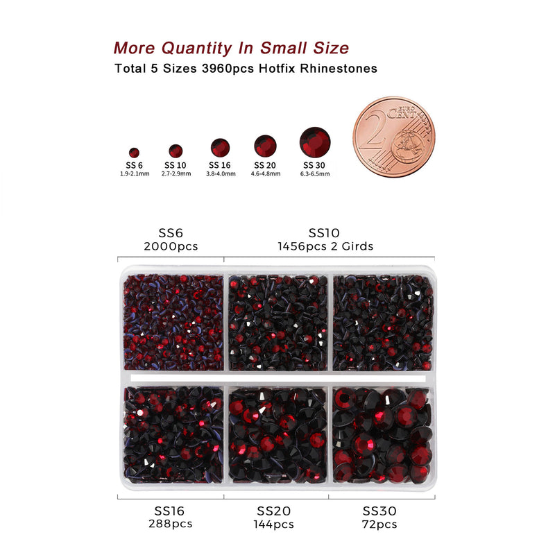 Hotfix Rhinestones 3960pcs, Rhinestone for Clothes, Hot Fix Crystals Rhinestones with Tweezers and Wax Pencil Kit,Mixed 5 Sizes, SS6-SS30, Dark Siam
