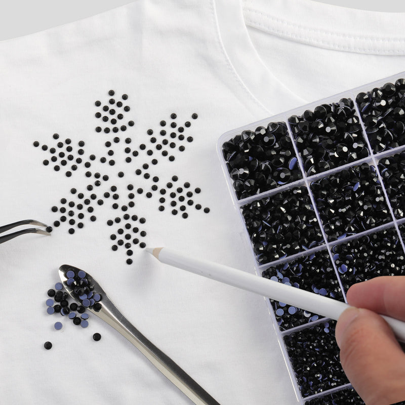 Black Hotfix Rhinestones Multi Sizes Kit, 14400 pcs Heat Fix Rhinestone for Bedazzling Clothes Crafts Mixed 5 Sizes with Wax Pencil, Tweezers and Spoon, SS6-SS30, Black