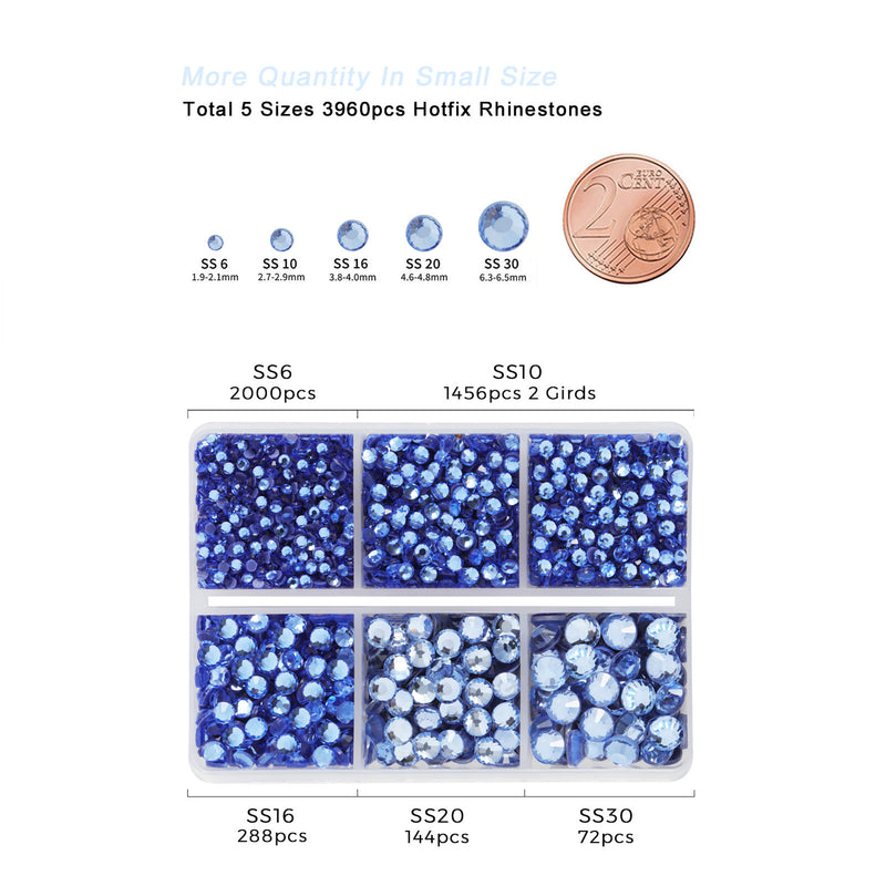 Hotfix Rhinestones 3960pcs, Rhinestone for Clothes, Hot Fix Crystals Rhinestones with Tweezers and Wax Pencil Kit,Mixed 5 Sizes, SS6-SS30, Light Sapphire