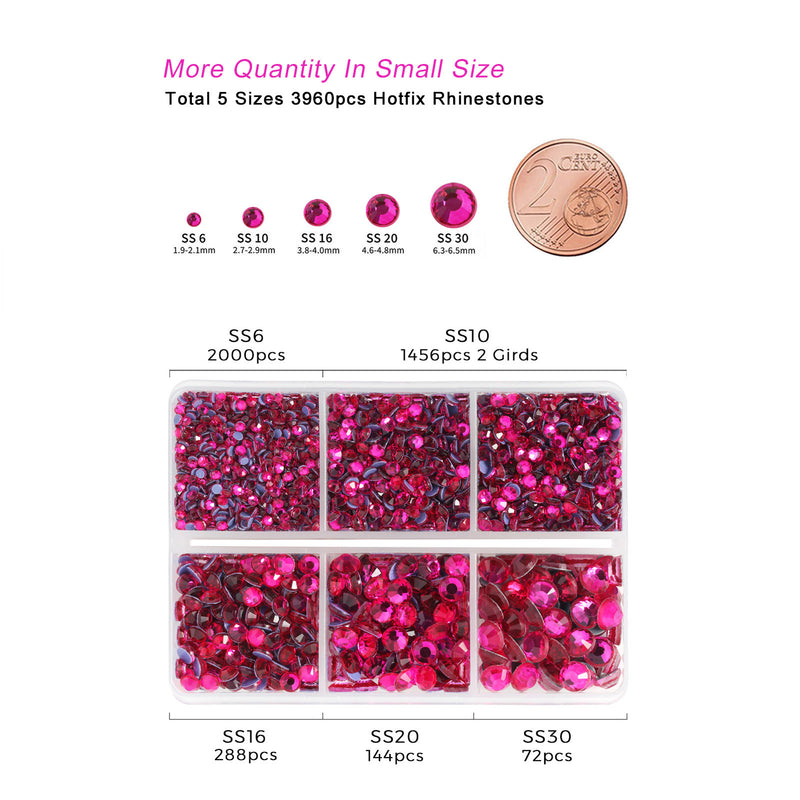 Hotfix Rhinestones 3960pcs, Rhinestone for Clothes, Hot Fix Crystals Rhinestones with Tweezers and Wax Pencil Kit,Mixed 5 Sizes, SS6-SS30, Hot Pink