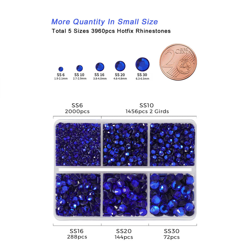 Hotfix Rhinestones 3960pcs, Rhinestone for Clothes, Hot Fix Crystals Rhinestones with Tweezers and Wax Pencil Kit,Mixed 5 Sizes, SS6-SS30, Sapphire