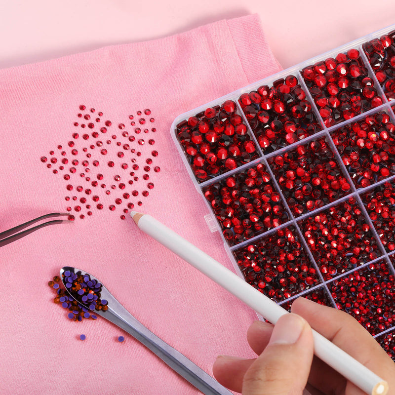 Red Hotfix Rhinestones Multi Sizes Kit, 14400 pcs Heat Fix Rhinestone for Bedazzling Clothes Crafts Mixed 5 Sizes with Wax Pencil,Tweezers and Spoon, SS6-SS30, Siam