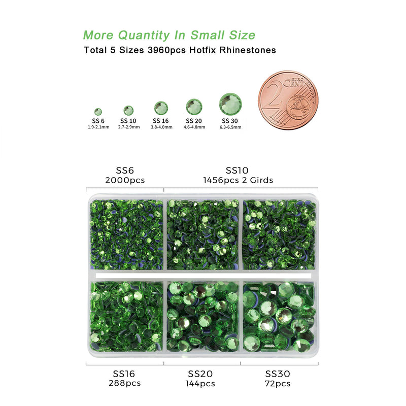 Hotfix Rhinestones 3960pcs, Rhinestone for Clothes, Hot Fix Crystals Rhinestones with Tweezers and Wax Pencil Kit,Mixed 5 Sizes, SS6-SS30, Light Green