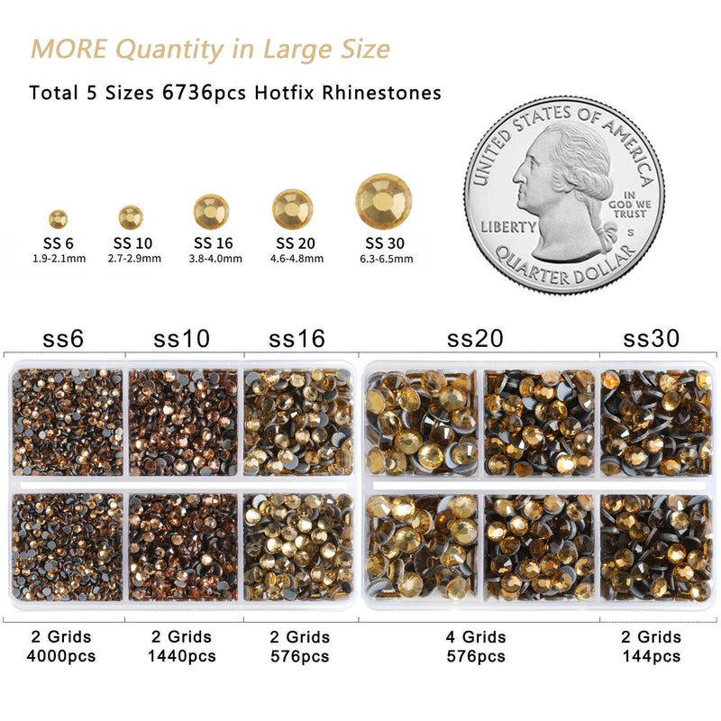 6736pcs Hotfix Rhinestones for Crafts Clothes Mixed 5 Sizes, Hotfix Crystals with Tweezers and Wax Pencil Kit, SS6-SS30- Light Colorado Topaz